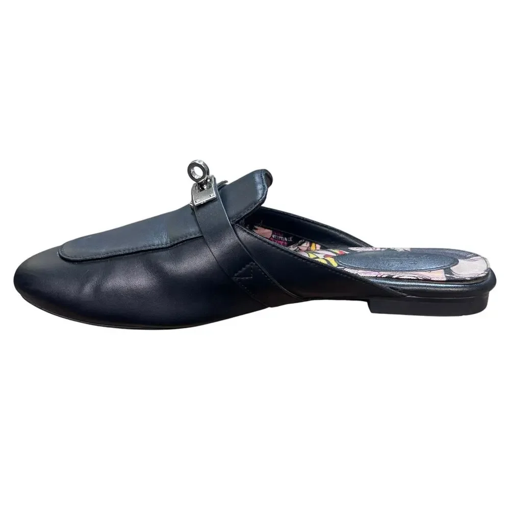 Hermes Oz Mules Black Leather Silver Kelly Buckle Slip On Mules Size 40 US 10